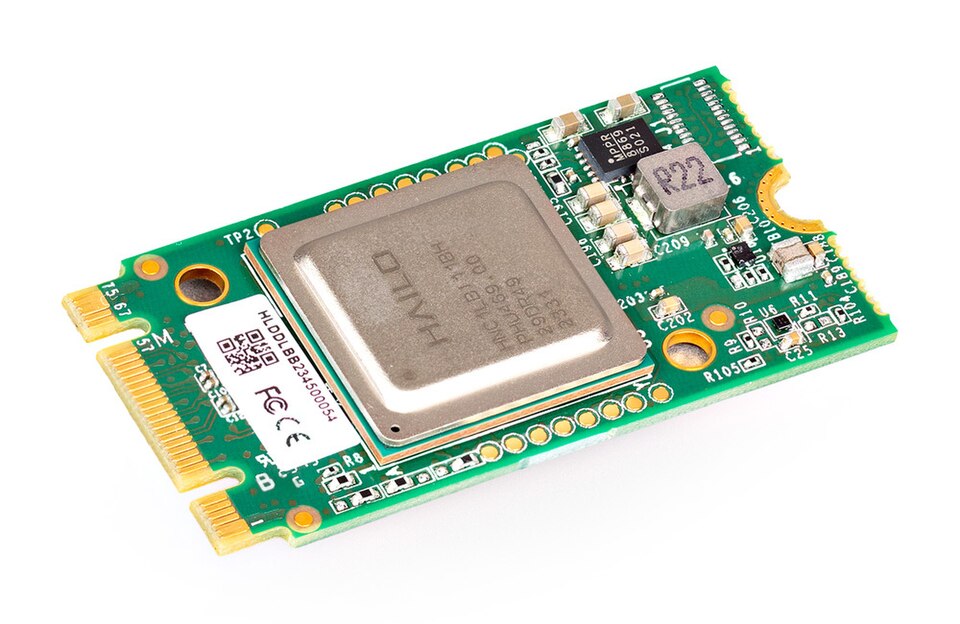 Hailo-8L M.2 module from the Raspberry Pi AI Kit, mounted on the Raspberry Pi M.2 HAT+