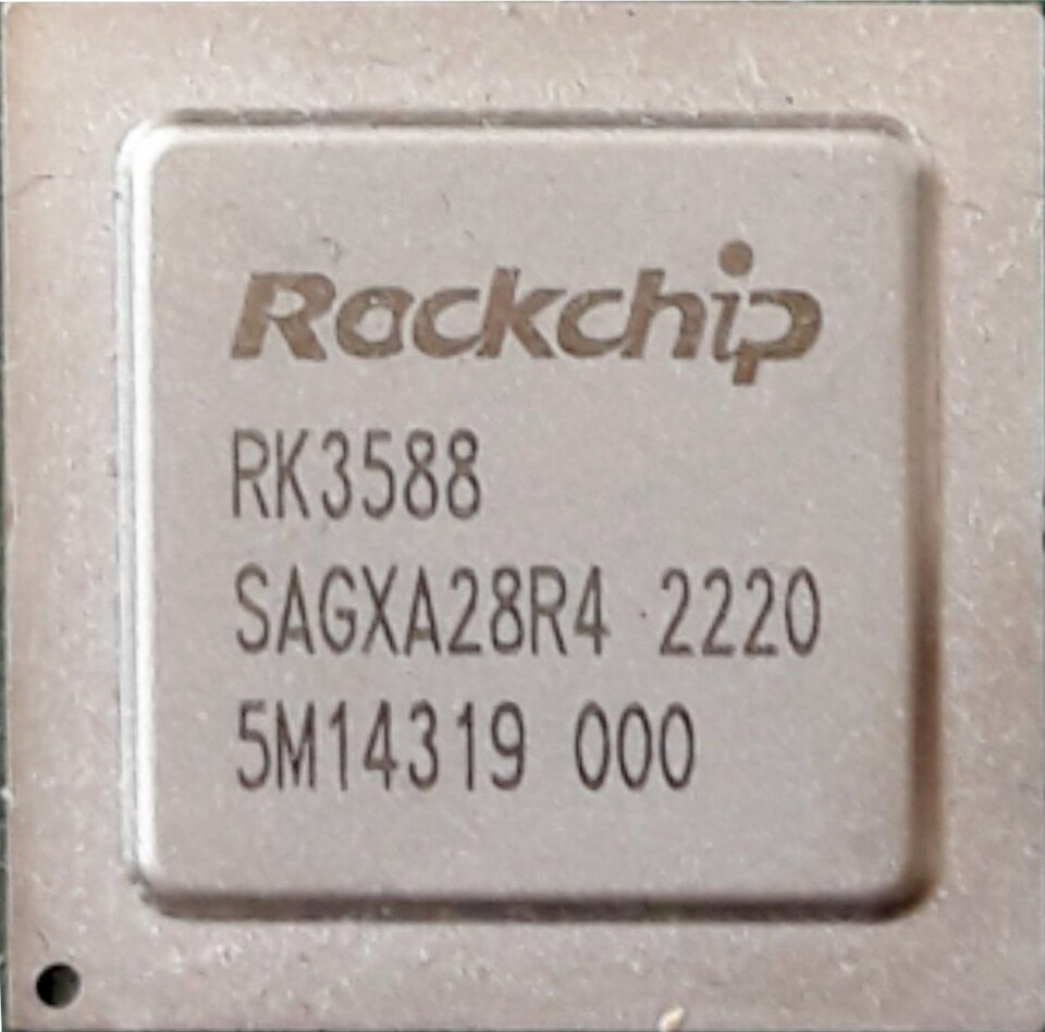 Close-up of a Rockchip RK3588 system-on-chip package on a circuit board
